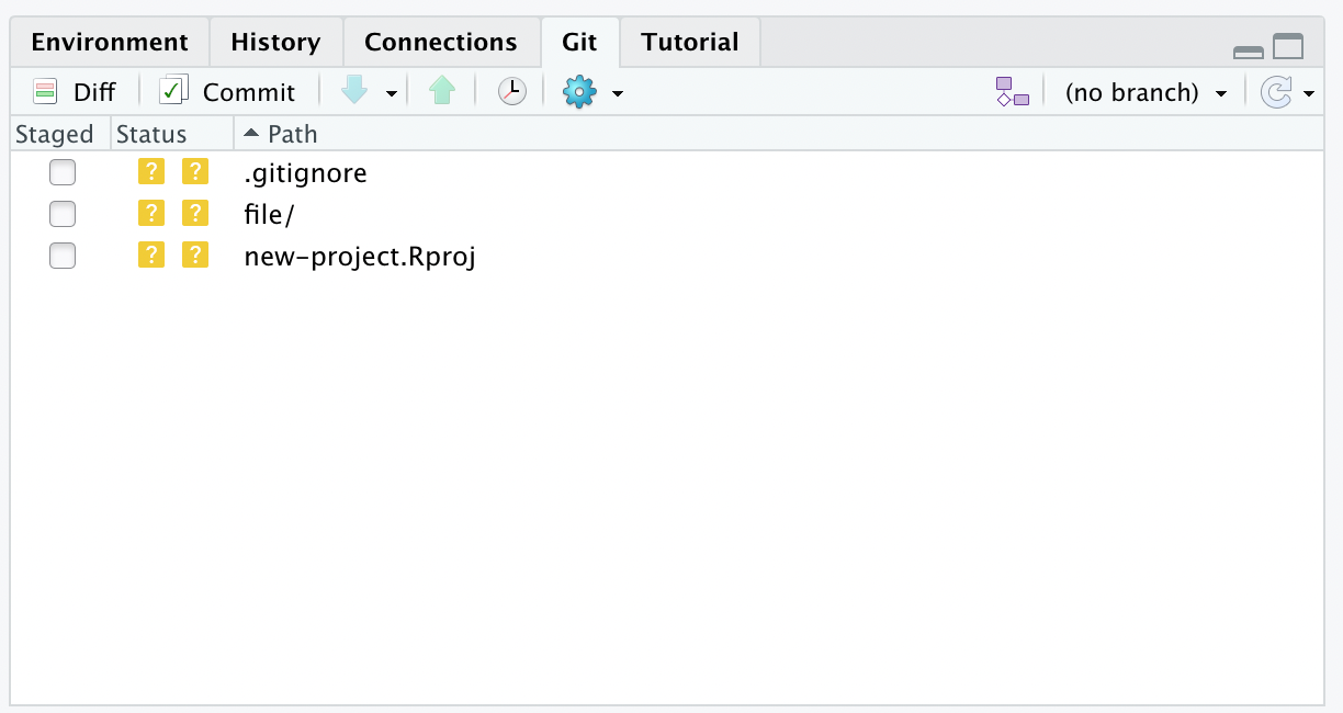 Top right “Git” pane in RStudio
